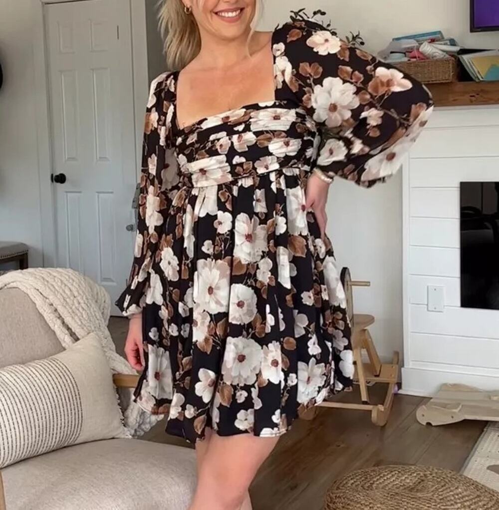 Abercrombie Fitch Emerson Mini Dress Women L Black Floral Smocked Balloon Sleeve